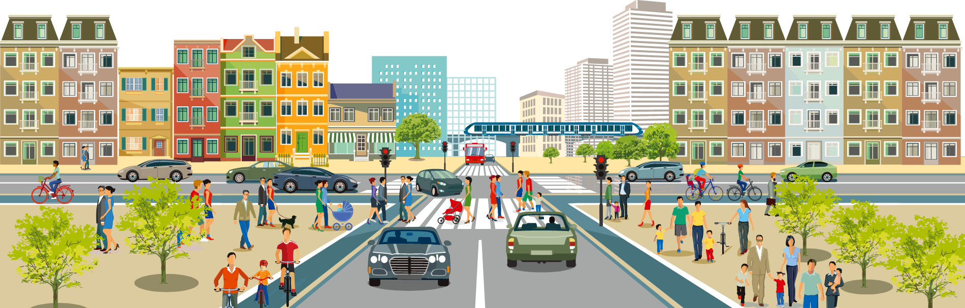 街中で人々が歩いたり車が行き交う様子を描いたイラスト